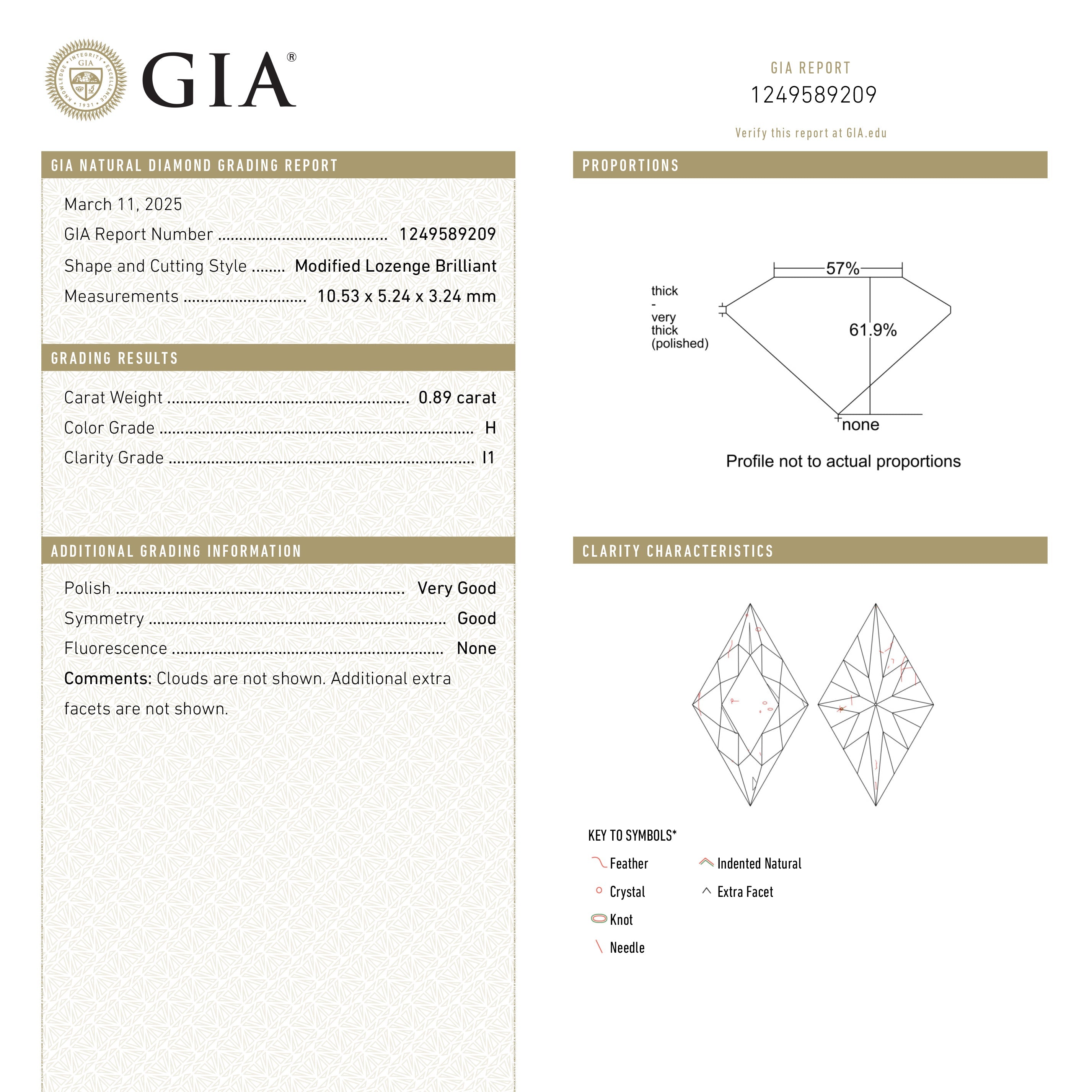 0.89ct 10.53x5.24x3.24mm GIA I1 H Lozenge Brilliant 26171-01