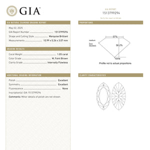 1.05ct 10.99x5.26x3.07mm GIA Internally Flawless M Marquise Brilliant 27091-01