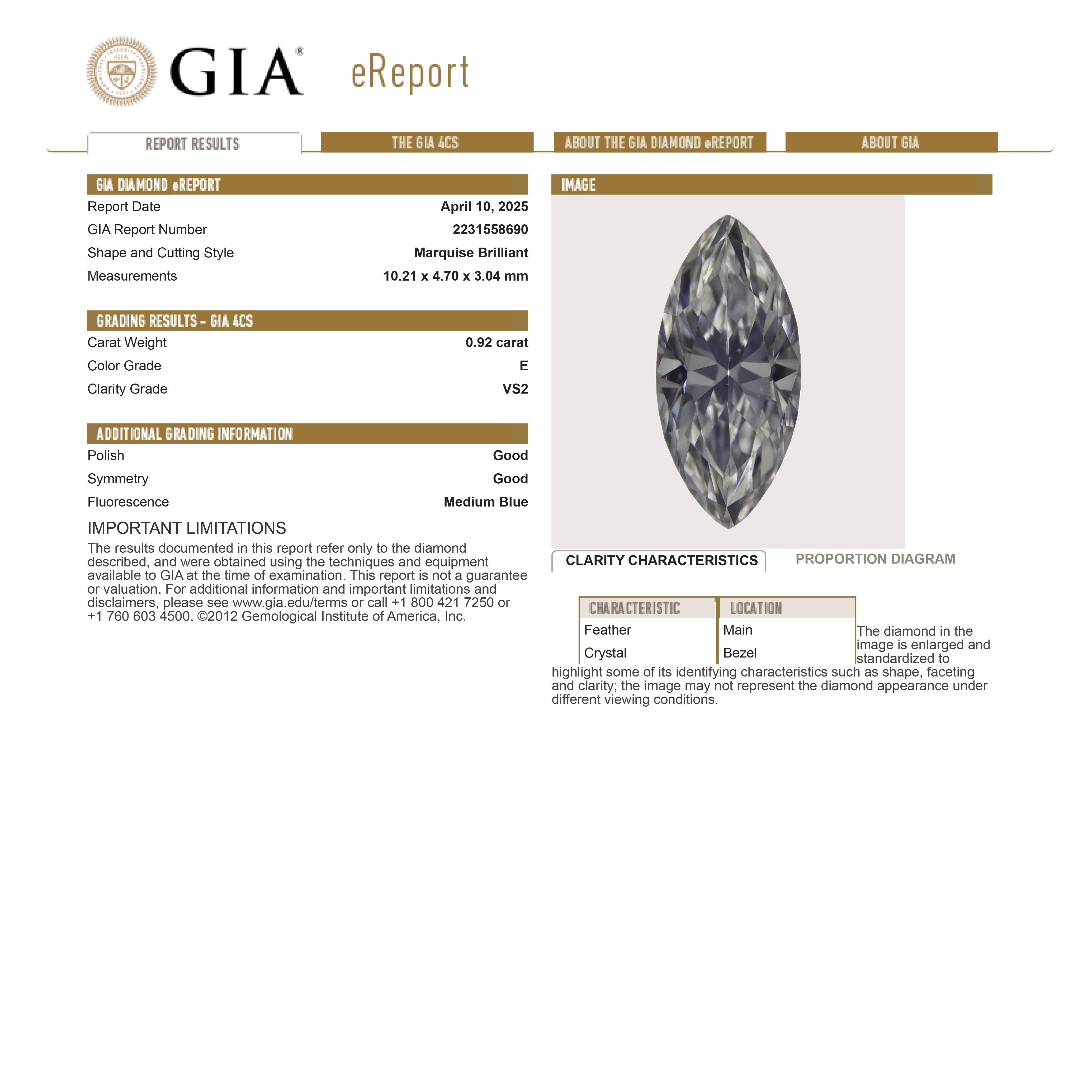 0.92ct 10.21x4.70x3.04mm GIA VS2 E Marquise Brilliant 26546-01