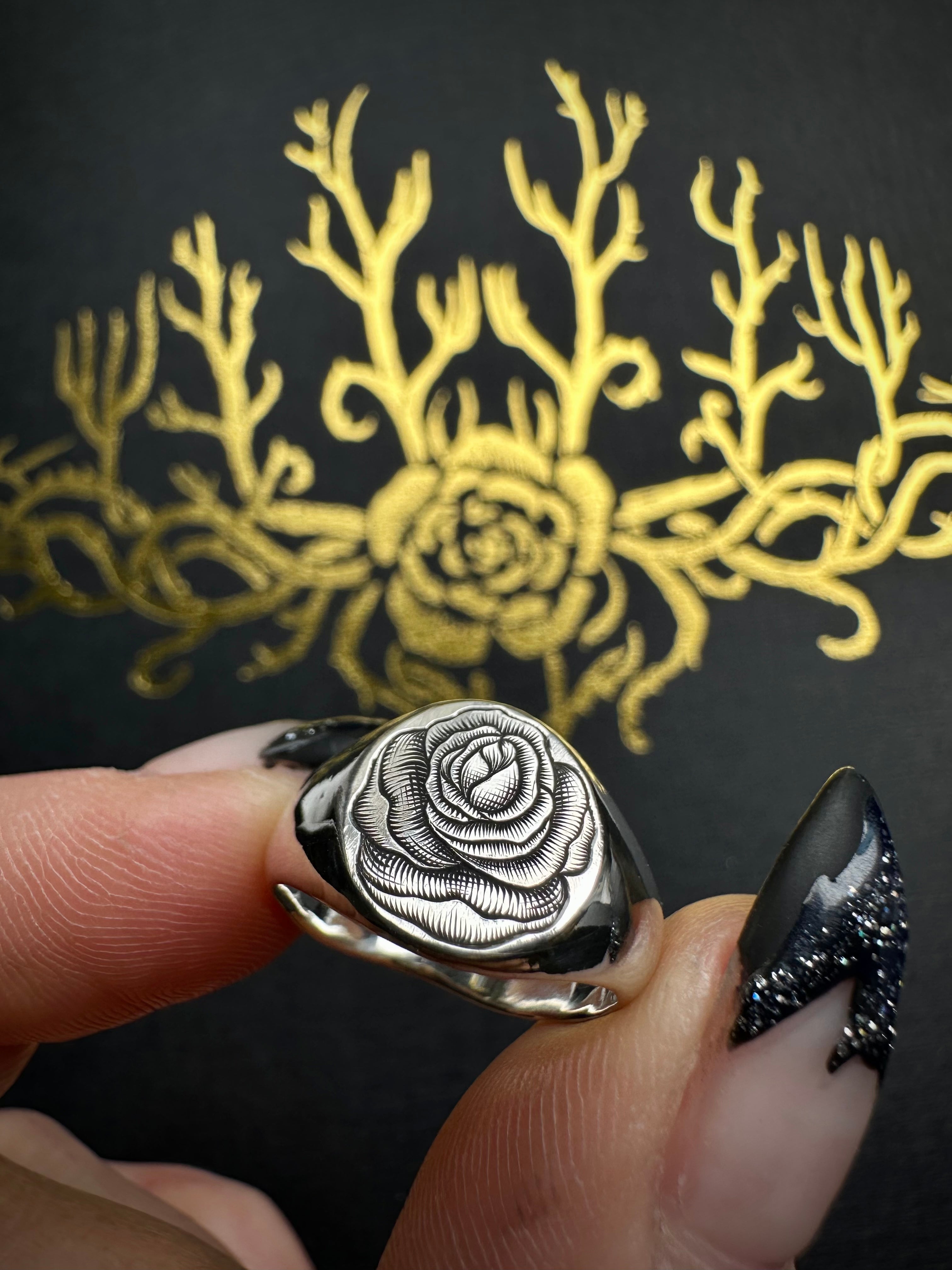 Hand-Engraved Rose Signet Ring