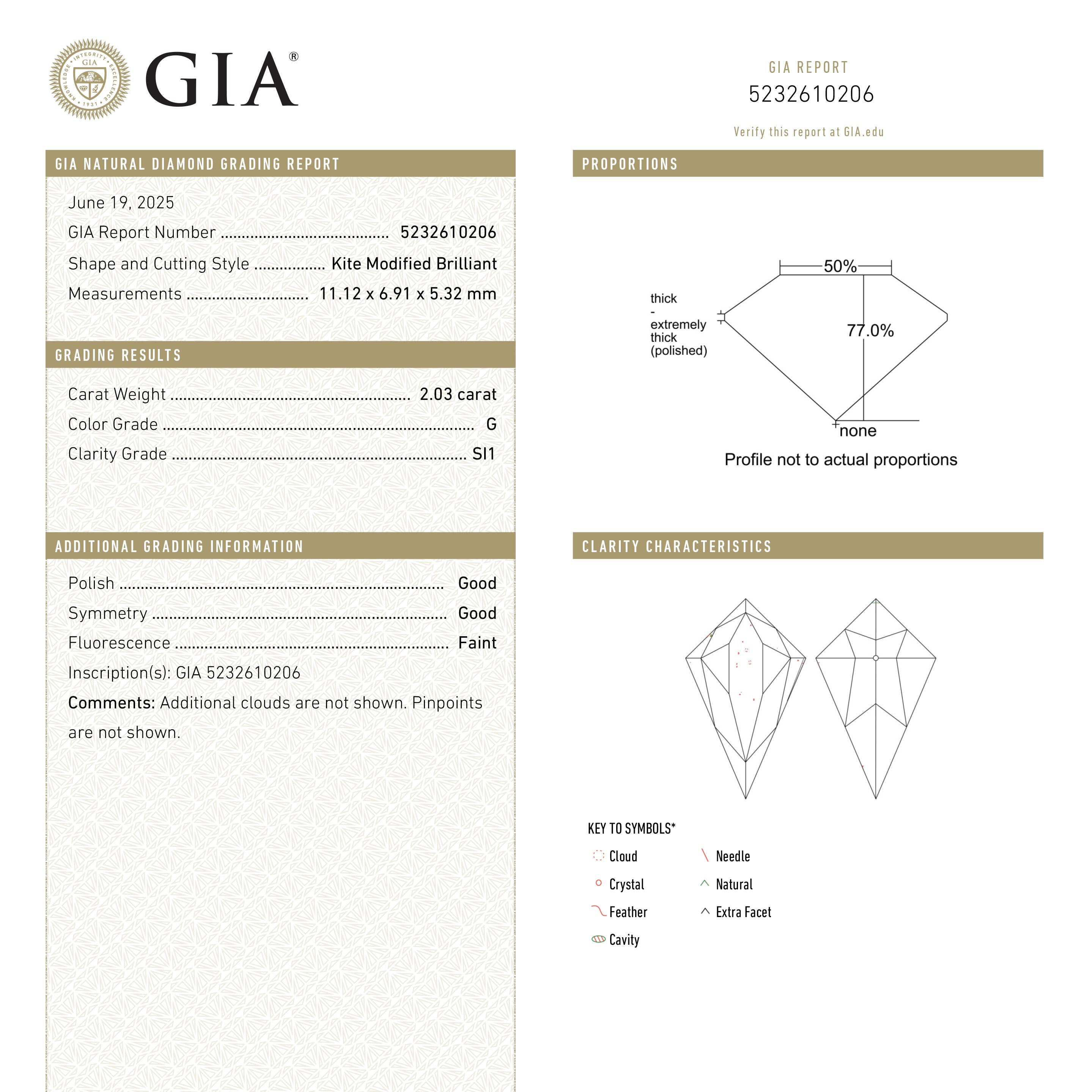 2.03ct 11.12x6.91x5.32mm GIA SI1 G Kite Brilliant 26662-01