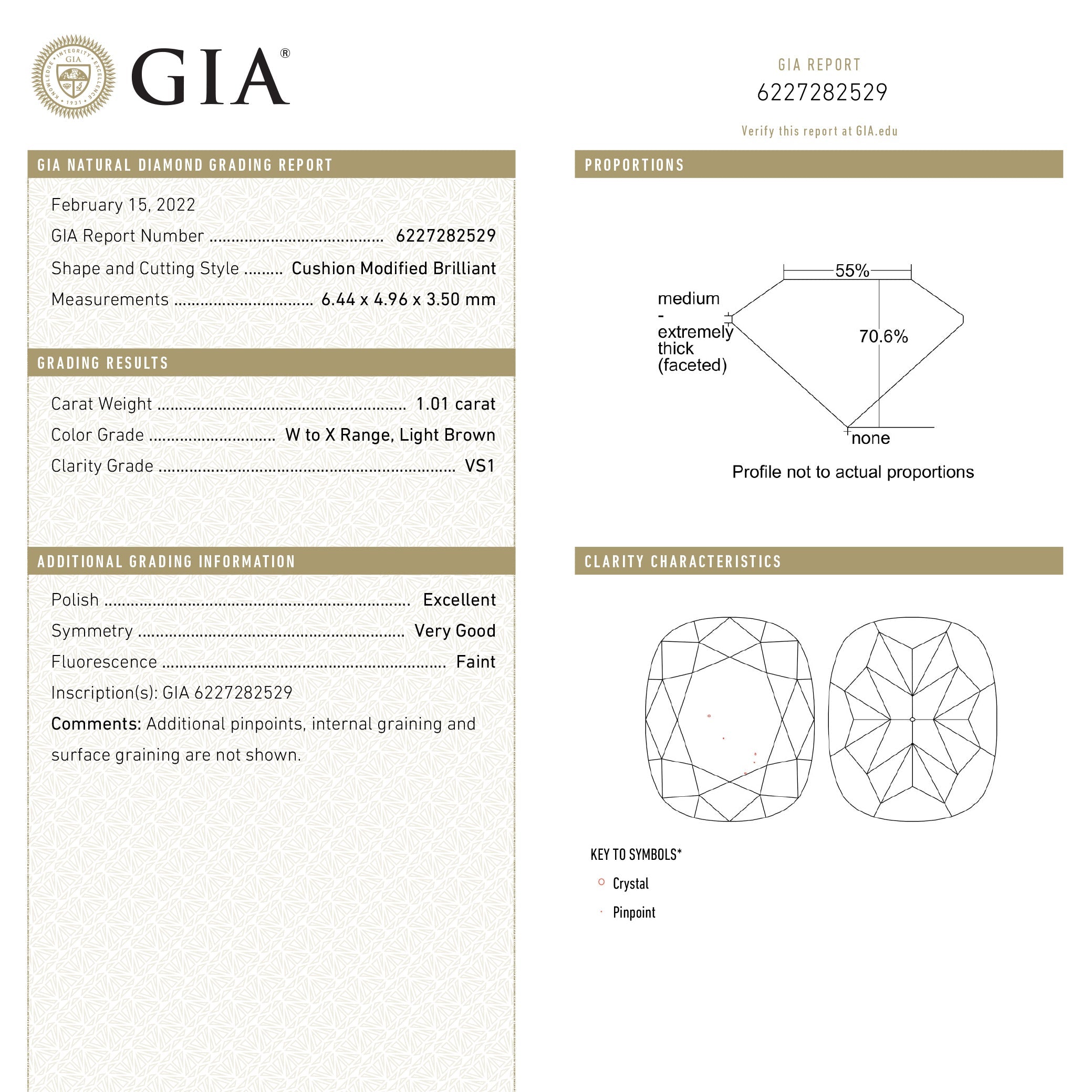 1.01ct 6.44x4.96x3.50mm GIA VS1 W-X Cushion Brilliant 27056-01