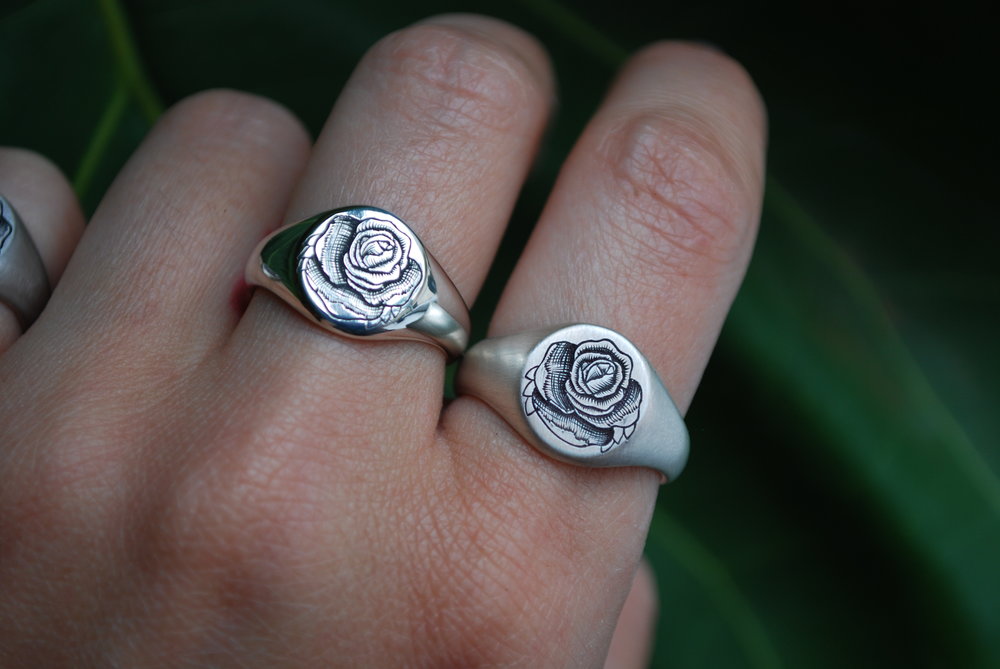 Hand-Engraved Rose Signet Ring